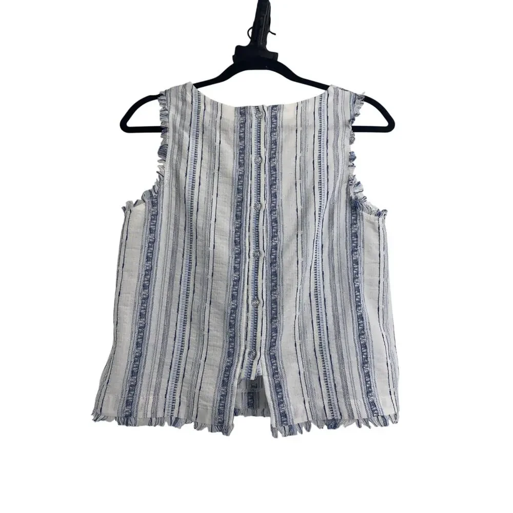 Drew Anthropologie Blue White Striped Cotton Blend Button Back Tank Top Small